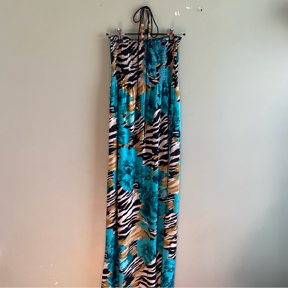 Y2K Halter Stylish Zebra Print Vacation/Cruise Maxi Dress - Blue and Black